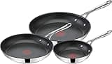Jamie Oliver by Tefal Cook's Direct On Pfannenset 20/24/28 cm, Thermo-Signal bei idealer Brattemperatur, Antihaft, Bratpfannen Induktion, rostfrei, backofenfest, genieteter Griff, E304S344