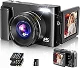 Digitalkamera,4K UHD Fotokamera Autofokus mit 32G Karte, 48MP Vlogging Kamera mit 180° Flip-Bildschirm und UV Linse,Kompaktkamera für Teenager Anfänger Erwachsene